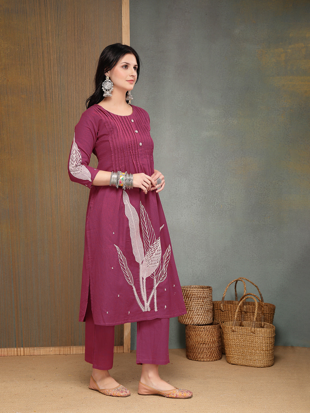 Solid &amp; Embroidered Cotton A-Line Kurta Pant Set