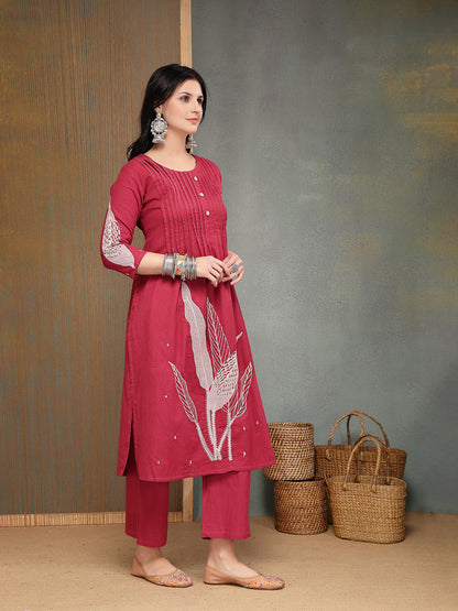 Solid & Embroidered Cotton A-Line Kurta Pant Set