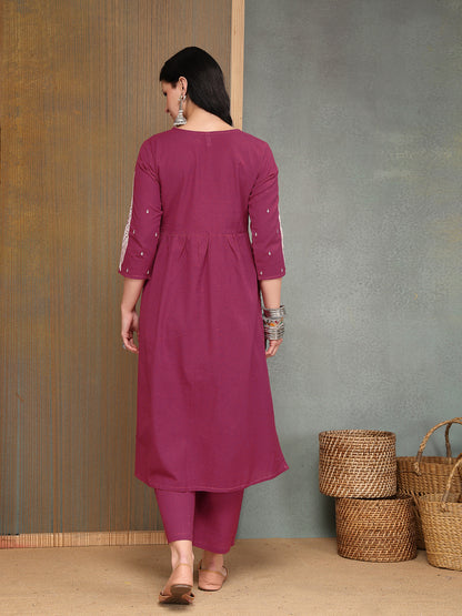 Solid & Embroidered Cotton A-Line Kurta Pant Set