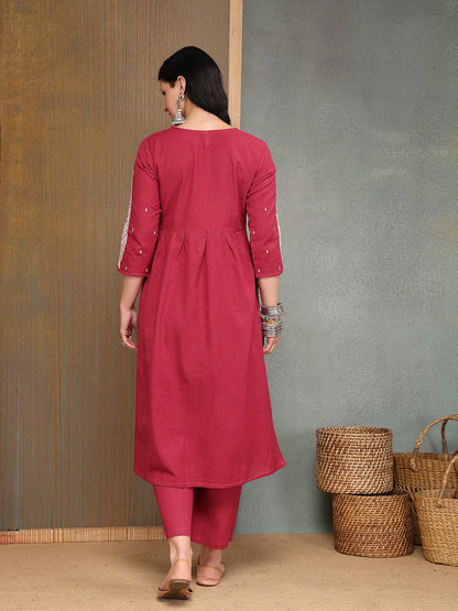 Solid & Embroidered Cotton A-Line Kurta Pant Set