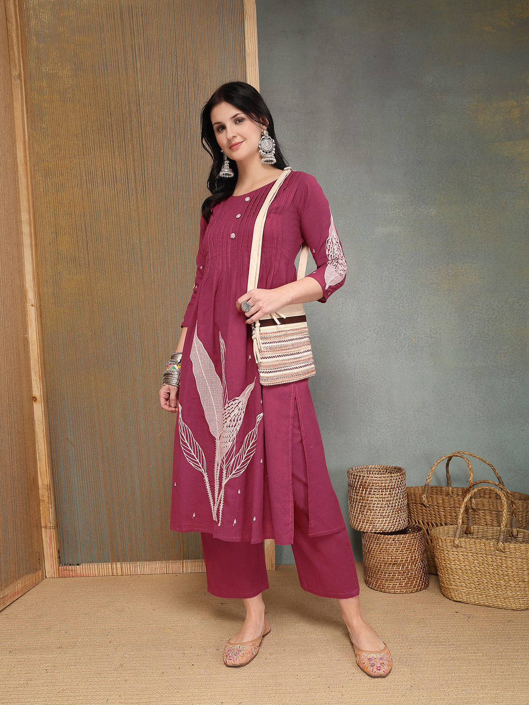 Solid &amp; Embroidered Cotton A-Line Kurta Pant Set