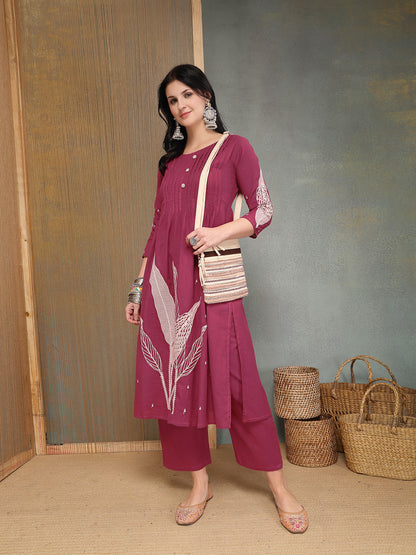 Solid & Embroidered Cotton A-Line Kurta Pant Set