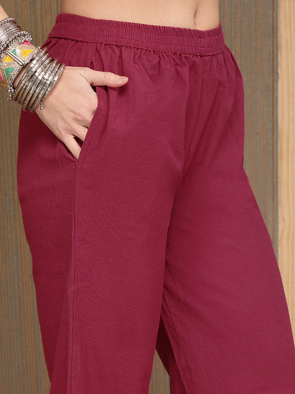 Solid & Embroidered Cotton A-Line Kurta Pant Set