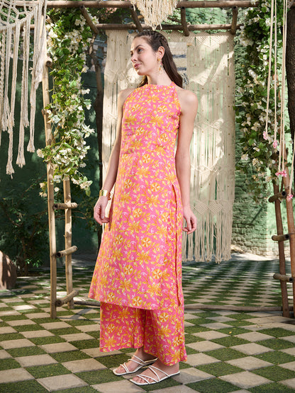 Pink Floral Printed Cotton Straight Kurta Palazzo Set (Pre-Order)