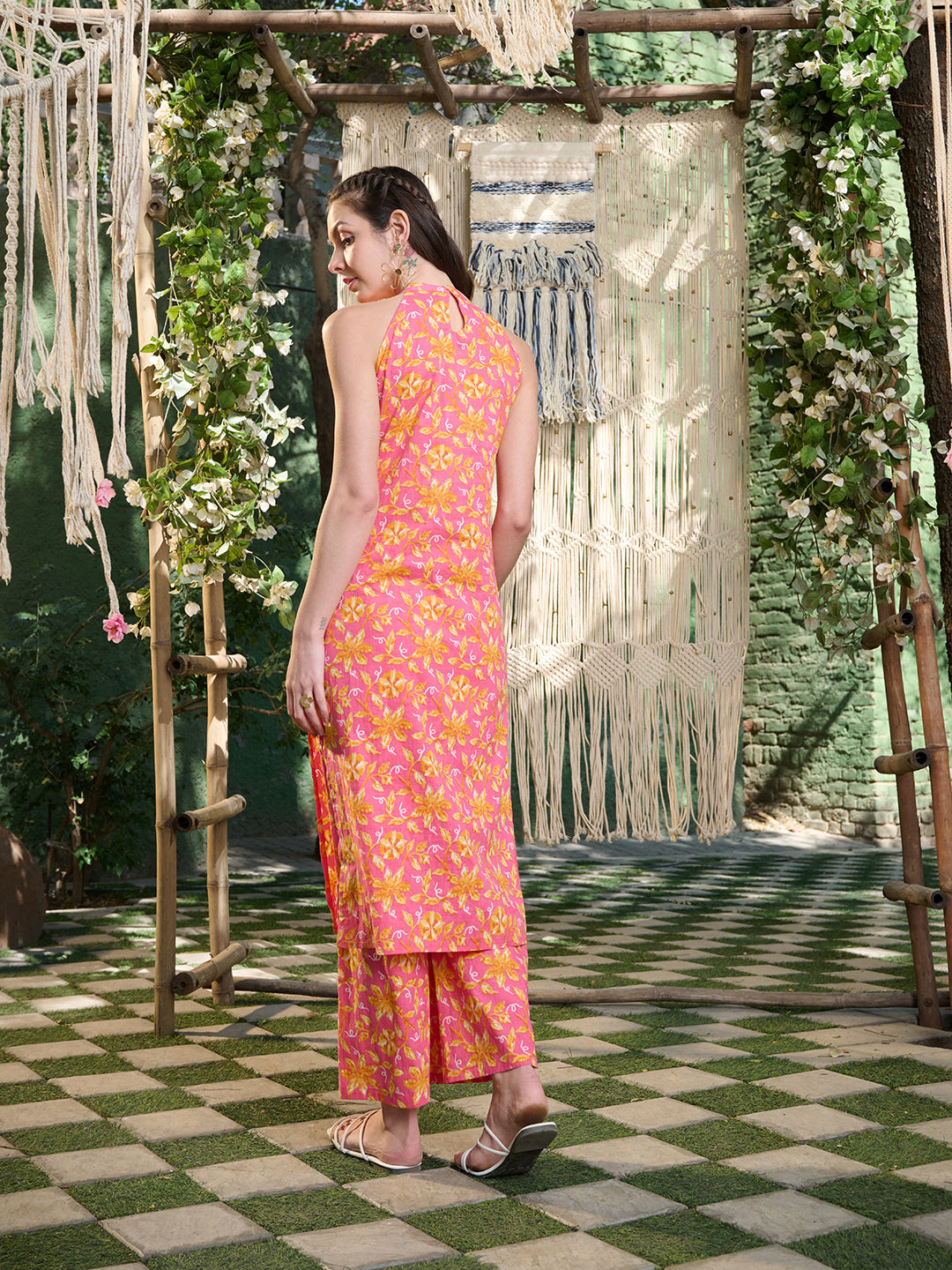 Pink Floral Printed Cotton Straight Kurta Palazzo Set