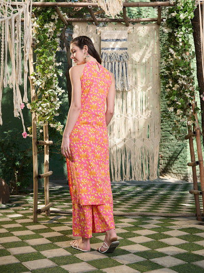 Pink Floral Printed Cotton Straight Kurta Palazzo Set
