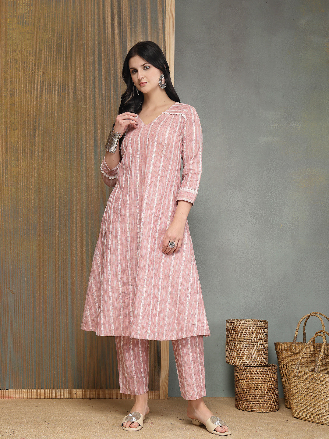 Striped Printed Katha Cotton A-Line Kurta Pant Set