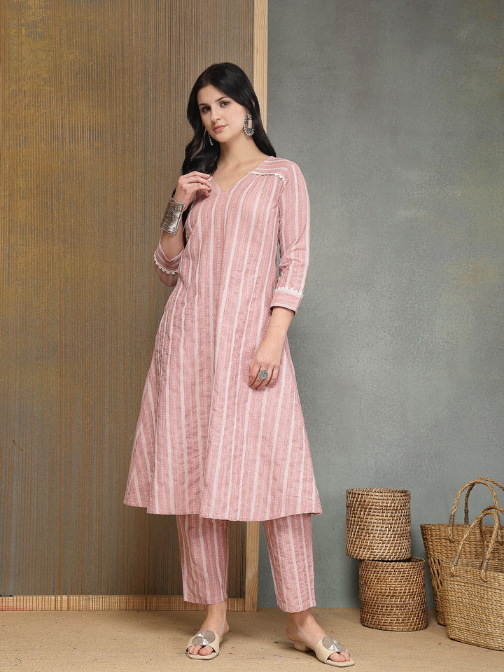 Striped Printed Katha Cotton A-Line Kurta Pant Set