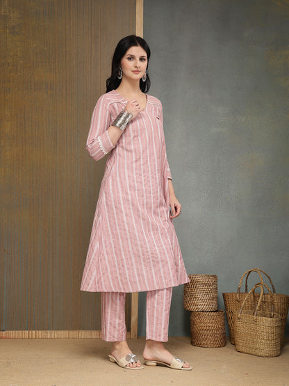 Striped Printed Katha Cotton A-Line Kurta Pant Set