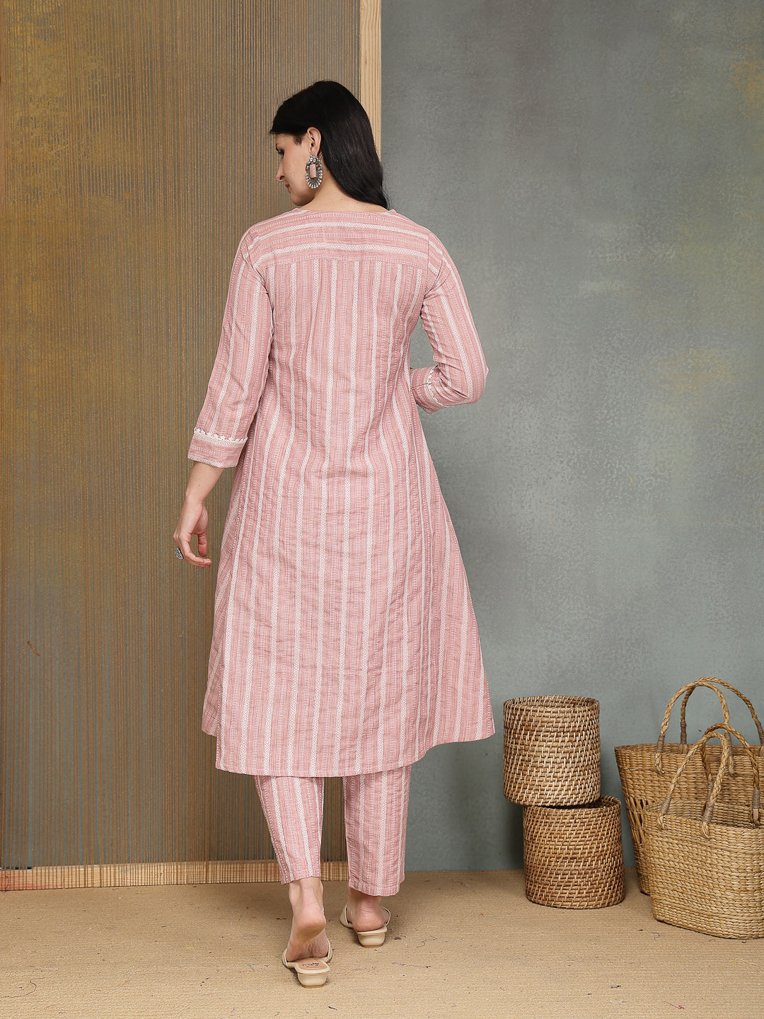 Striped Printed Katha Cotton A-Line Kurta Pant Set