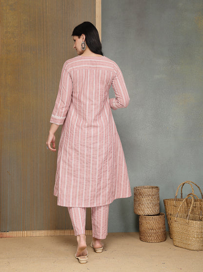 Striped Printed Katha Cotton A-Line Kurta Pant Set