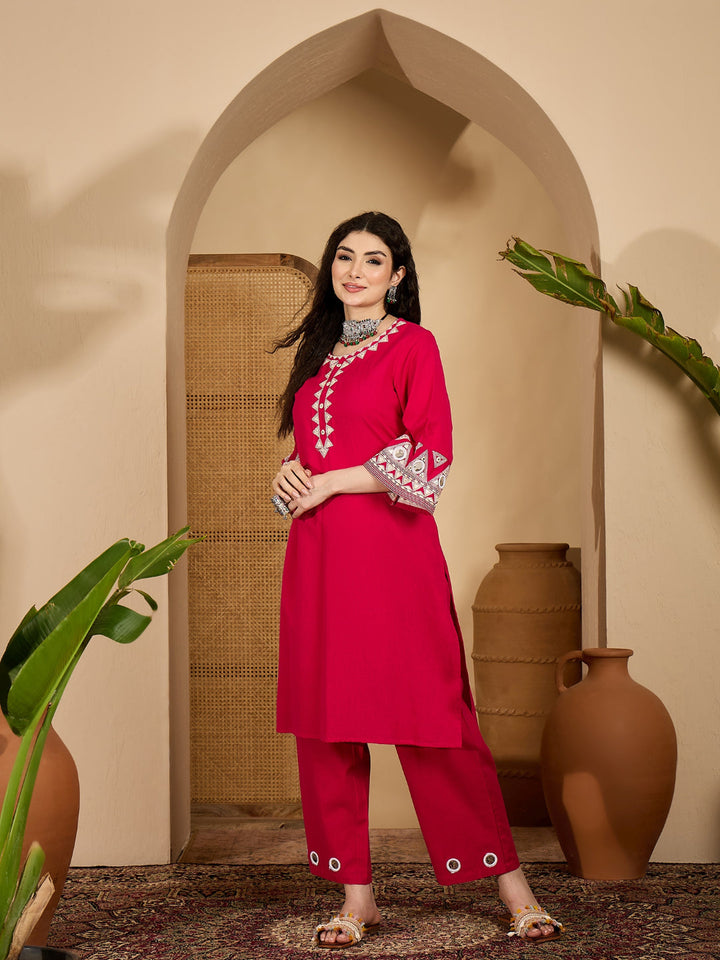 Solid &amp; Embroidered Cotton Flex Straight Kurta Pant Set