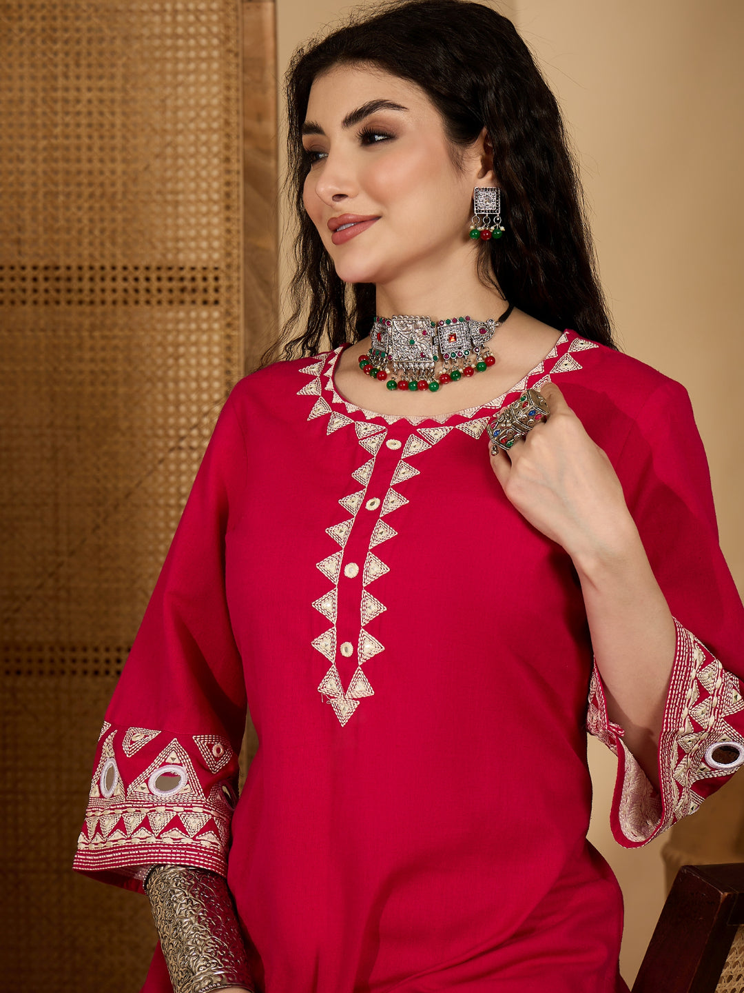 Solid &amp; Embroidered Cotton Flex Straight Kurta Pant Set