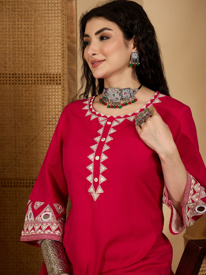 Solid &amp; Embroidered Cotton Flex Straight Kurta Pant Set