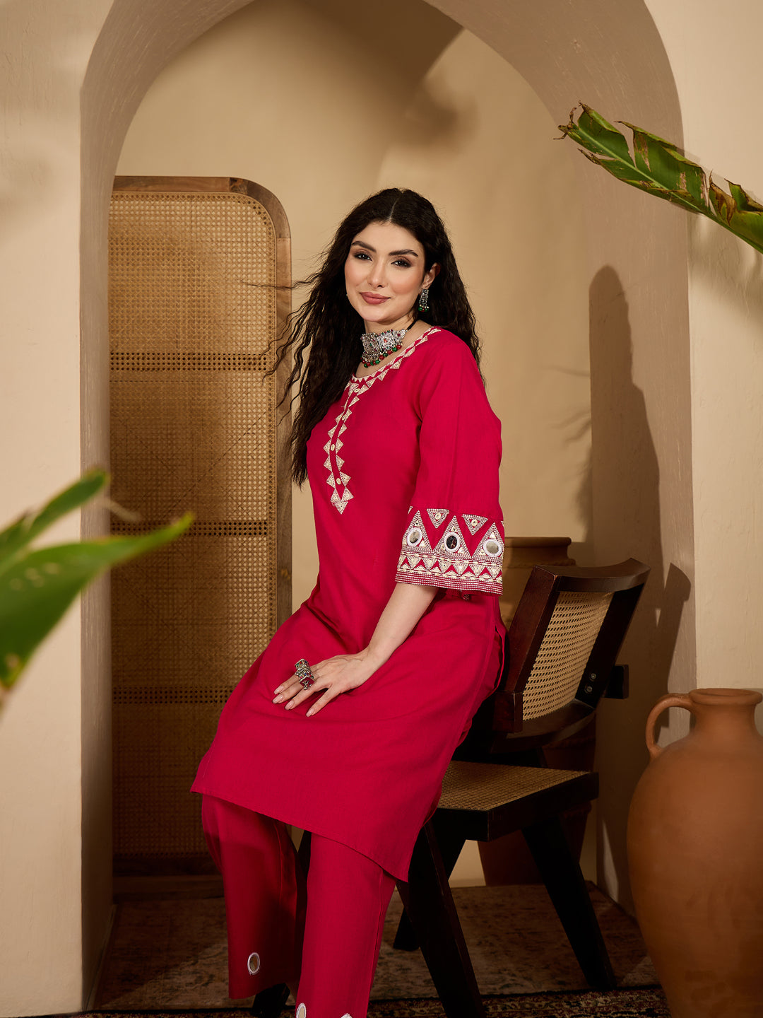 Solid &amp; Embroidered Cotton Flex Straight Kurta Pant Set