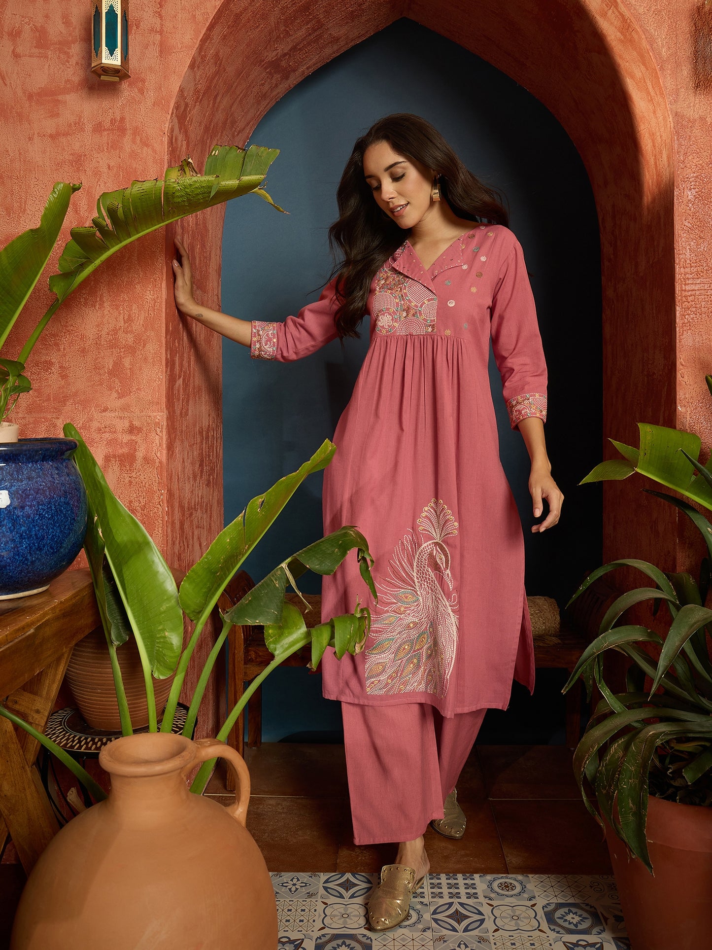 Solid & Embroidered Cotton Flex A-Line Kurta Pant Set