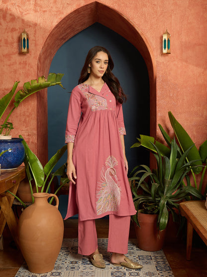 Solid & Embroidered Cotton Flex A-Line Kurta Pant Set