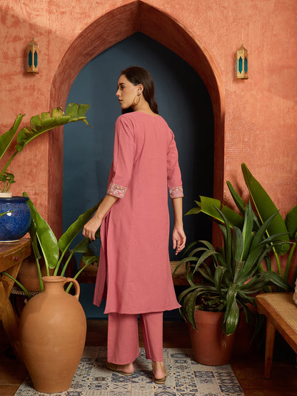Solid & Embroidered Cotton Flex A-Line Kurta Pant Set