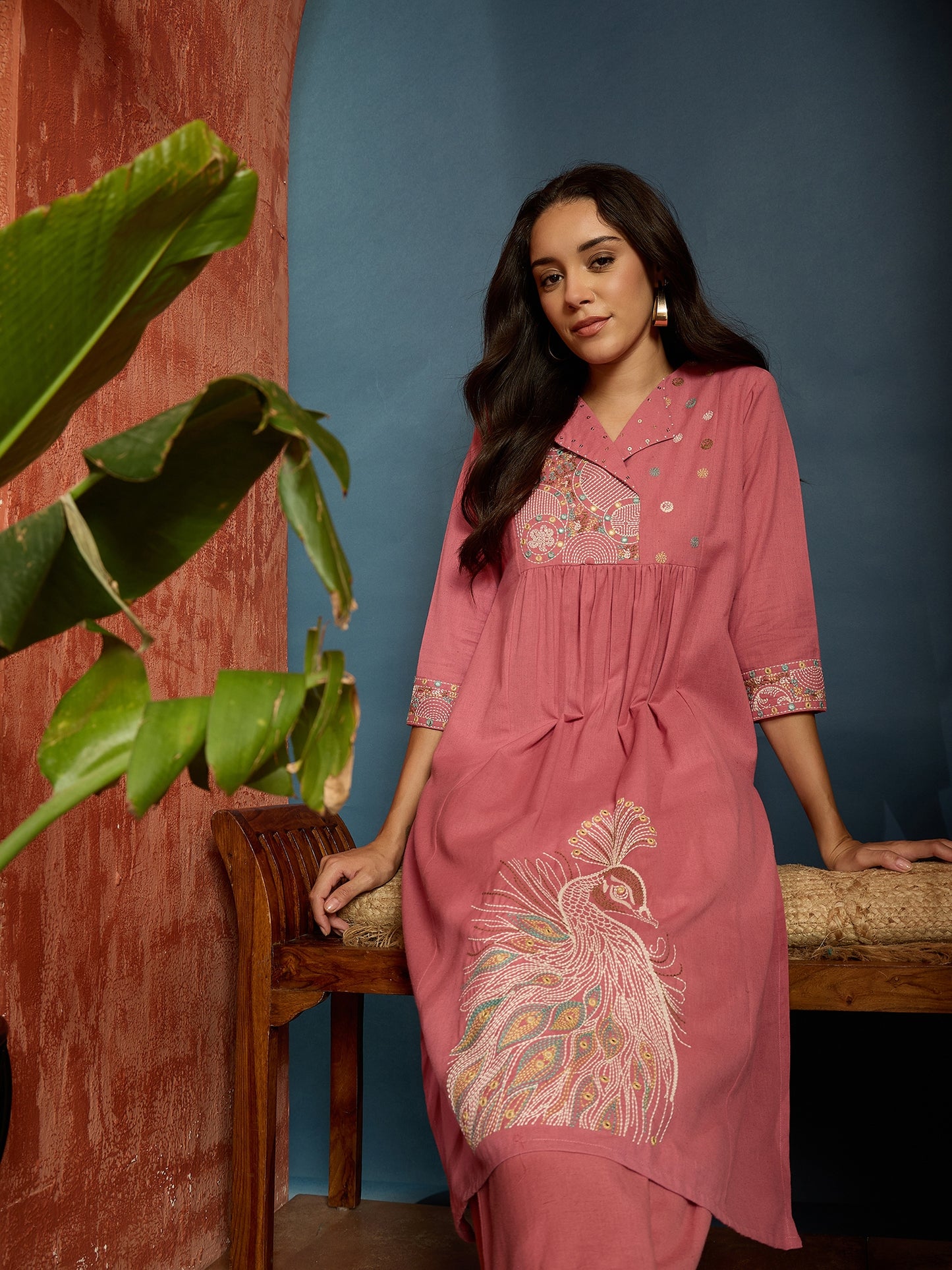 Solid & Embroidered Cotton Flex A-Line Kurta Pant Set