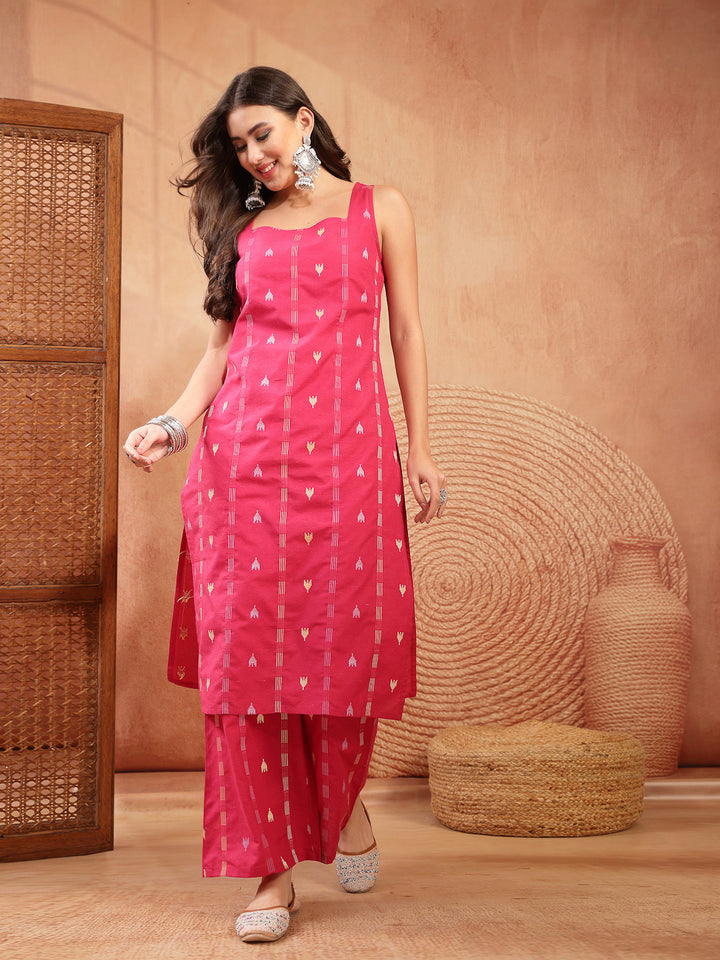 Woven Design Cotton Straight Kurta Palazzo Set
