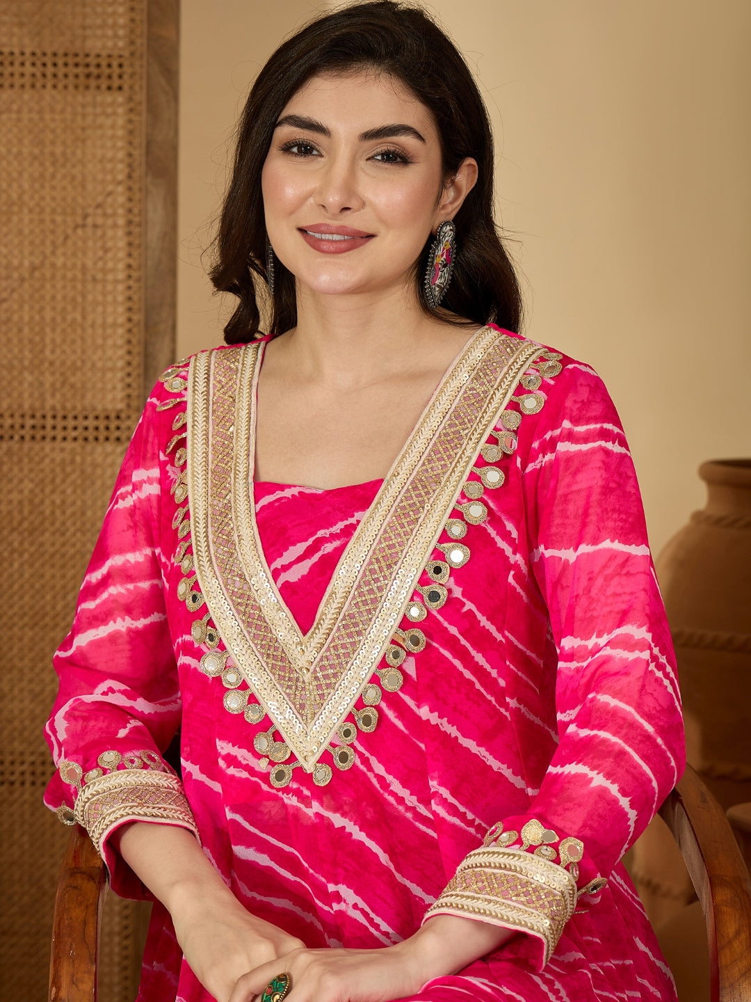 Women's Pink Leheriya Printed & Embroidered Georgette A-Line Kurta Pant Set