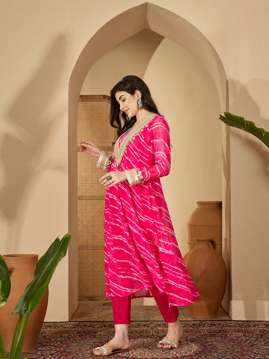 Women's Pink Leheriya Printed & Embroidered Georgette A-Line Kurta Pant Set