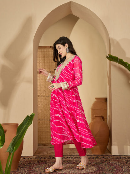 Women's Pink Leheriya Printed & Embroidered Georgette A-Line Kurta Pant Set