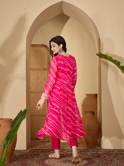Women's Pink Leheriya Printed & Embroidered Georgette A-Line Kurta Pant Set