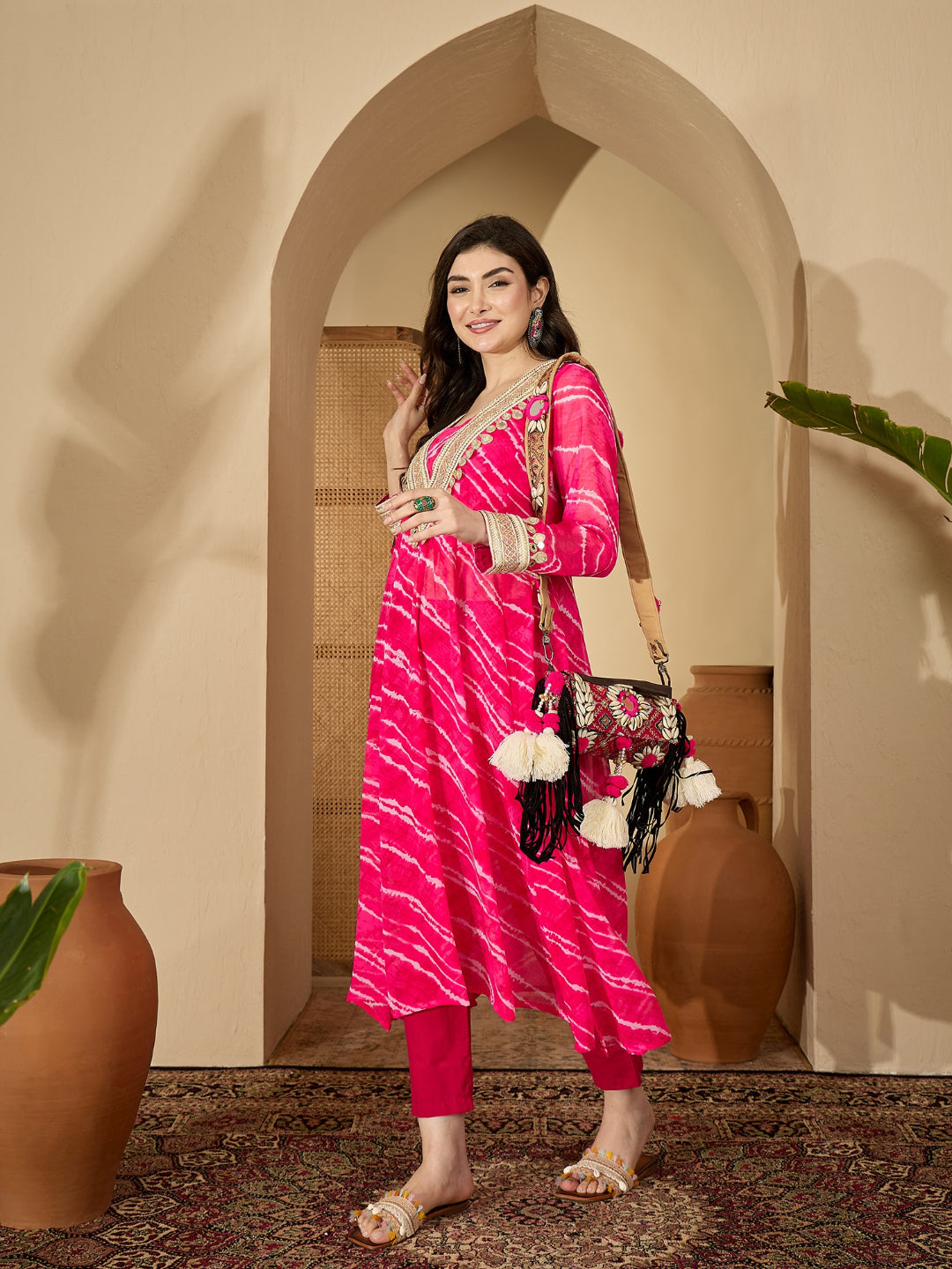 Women's Pink Leheriya Printed & Embroidered Georgette A-Line Kurta Pant Set