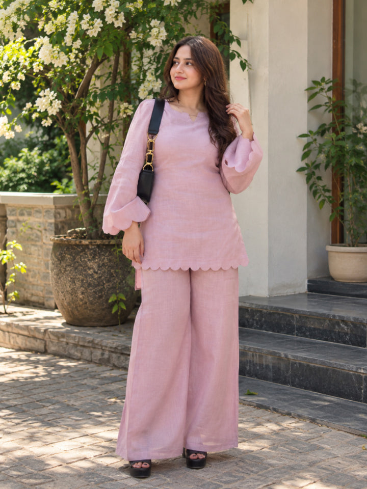 Solid Cotton Blend Straight Short Kurti With Palazzo Set