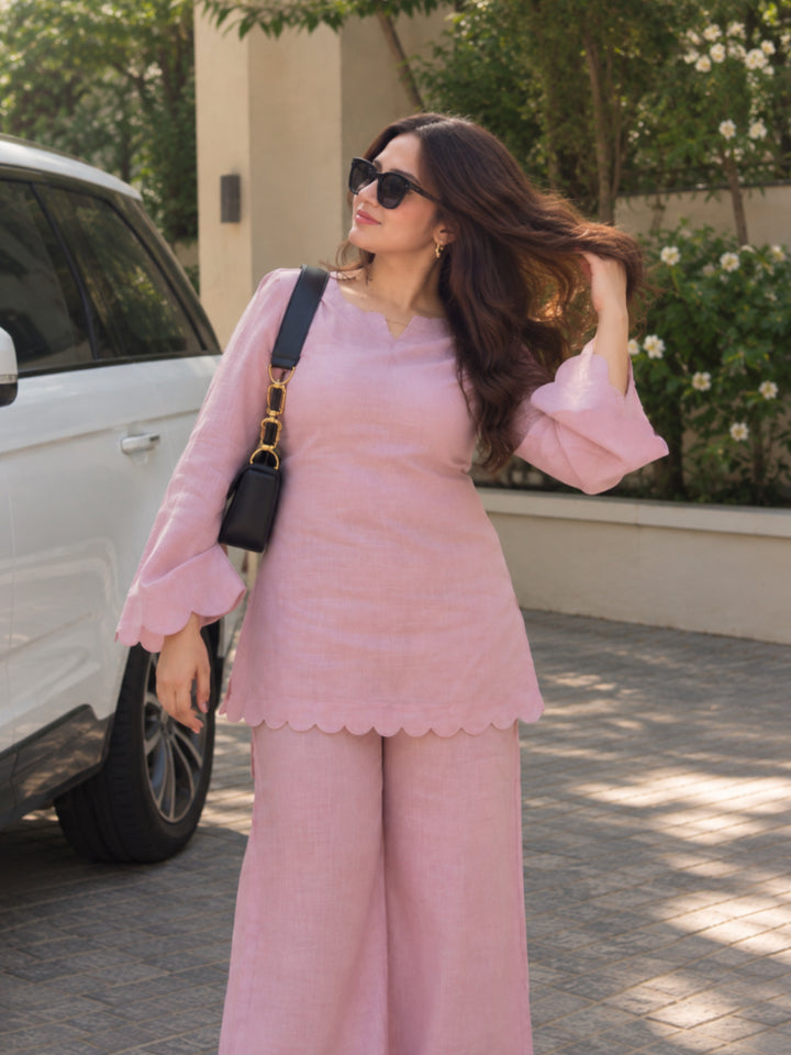 Solid Cotton Blend Straight Short Kurti With Palazzo Set