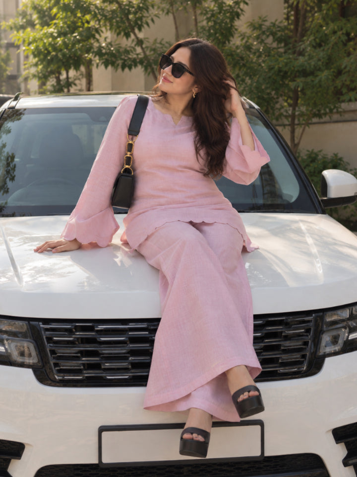 Solid Cotton Blend Straight Short Kurti With Palazzo Set