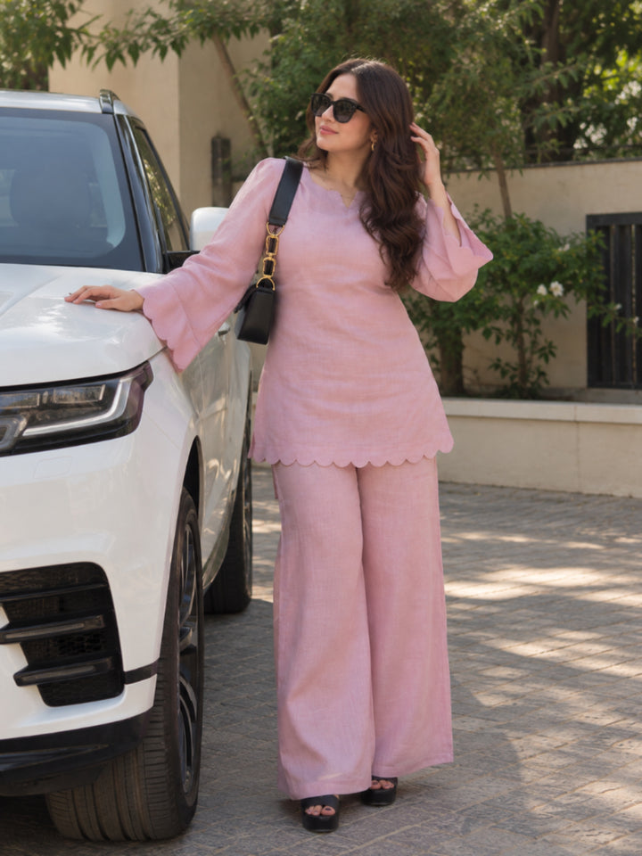 Solid Cotton Blend Straight Short Kurti With Palazzo Set