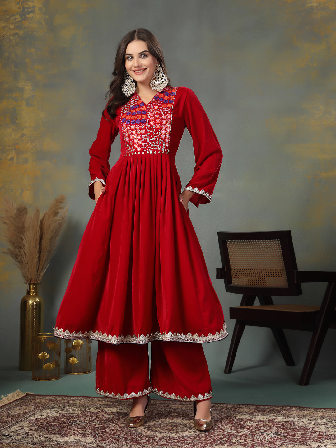 Pink Solid & Embroidered Velvet Anarkali Kurta Palazzo Set (Pre-Order)