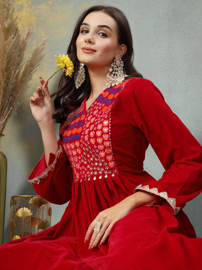 Pink Solid & Embroidered Velvet Anarkali Kurta Palazzo Set (Pre-Order)