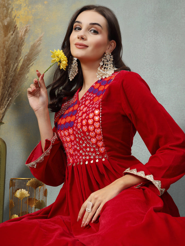 Pink Solid &amp; Embroidered Velvet Anarkali Kurta Palazzo Set