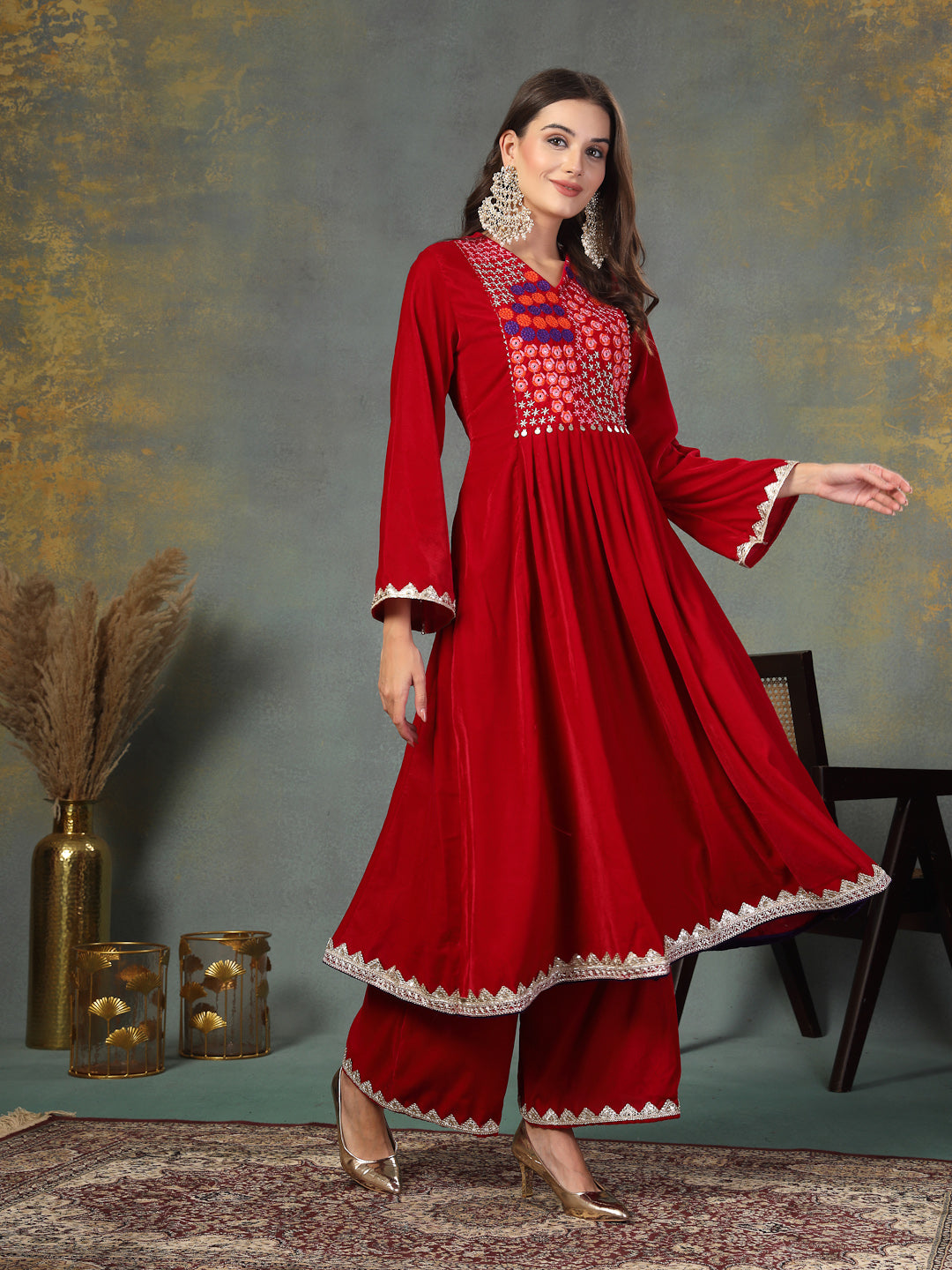 Pink Solid &amp; Embroidered Velvet Anarkali Kurta Palazzo Set