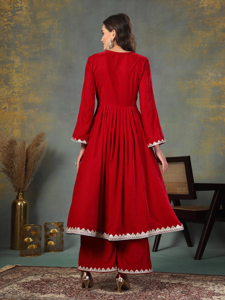 Pink Solid &amp; Embroidered Velvet Anarkali Kurta Palazzo Set