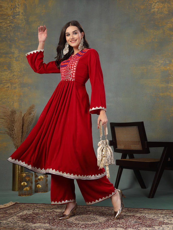 Pink Solid &amp; Embroidered Velvet Anarkali Kurta Palazzo Set