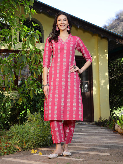 Pink Woven Design Cotton Blend Straight Kurta Pant Set