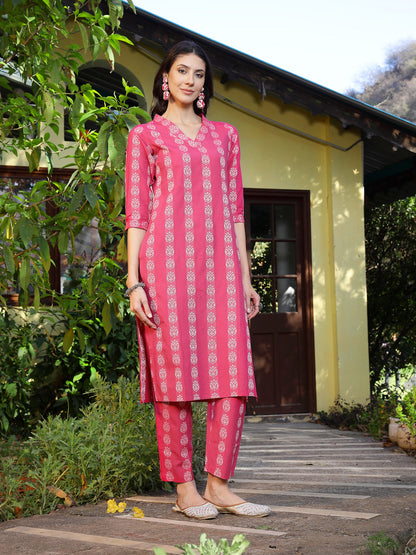 Pink Woven Design Cotton Blend Straight Kurta Pant Set (Pre-Order)