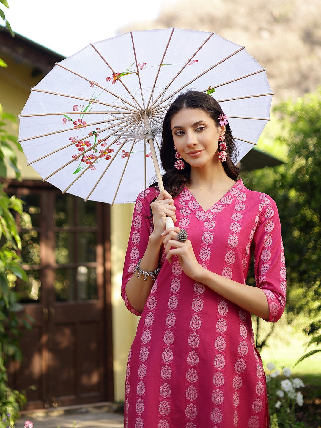 Pink Woven Design Cotton Blend Straight Kurta Pant Set (Pre-Order)