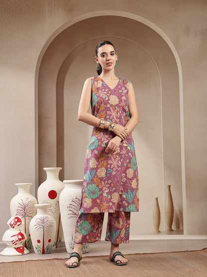 Purple Floral & Woven Design Cotton Straight Kurta Pant Set
