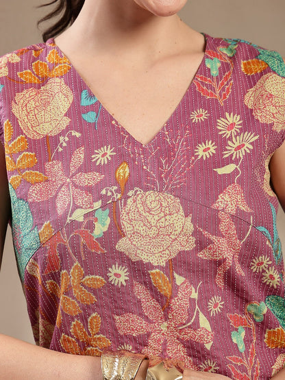 Purple Floral & Woven Design Cotton Straight Kurta Pant Set