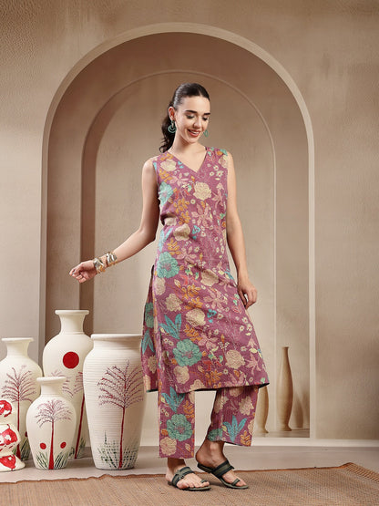 Purple Floral & Woven Design Cotton Straight Kurta Pant Set (Pre-Order)