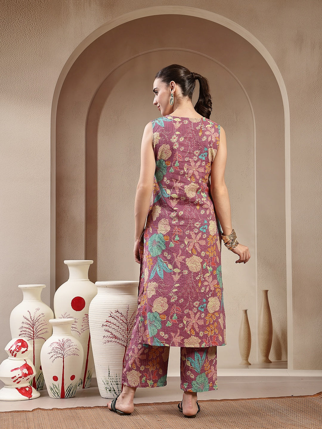 Purple Floral & Woven Design Cotton Straight Kurta Pant Set (Pre-Order)