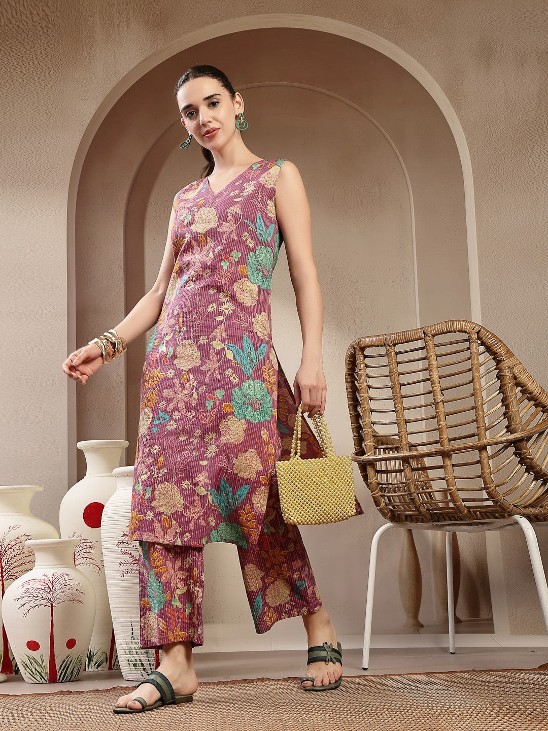 Purple Floral & Woven Design Cotton Straight Kurta Pant Set