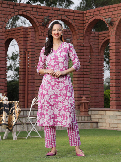 Purple Floral Printed Cotton Straight Kurta Pant Set