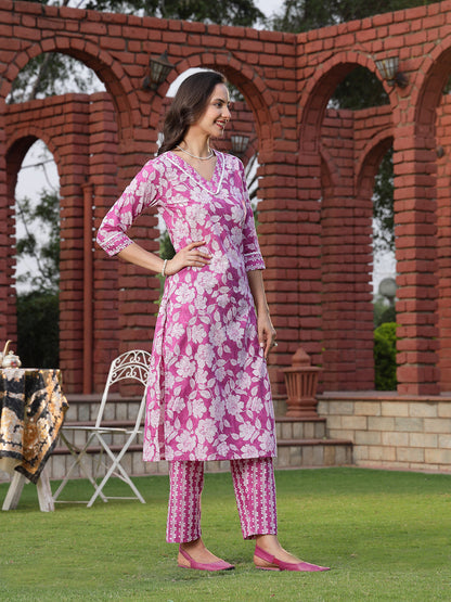 Purple Floral Printed Cotton Straight Kurta Pant Set