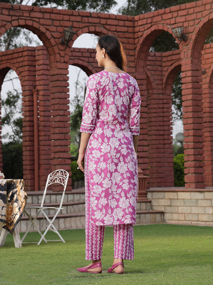 Purple Floral Printed Cotton Straight Kurta Pant Set